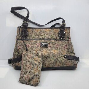 Liz & Co Canvas Monogram Shoulder Tote Brown Faux Leather Trim 2-pc Set